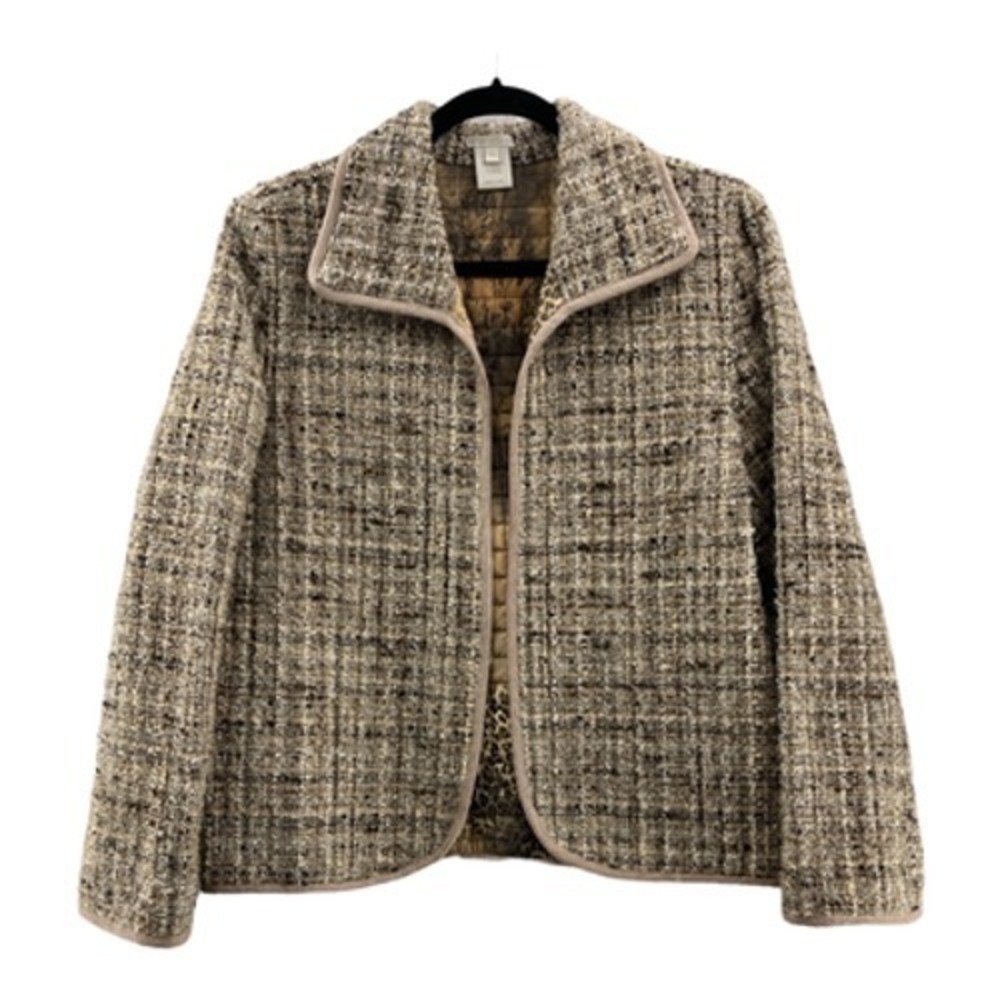 Austin Reed Womens Open Front Jacket Beige Black Marled Collar Wool Blend 12